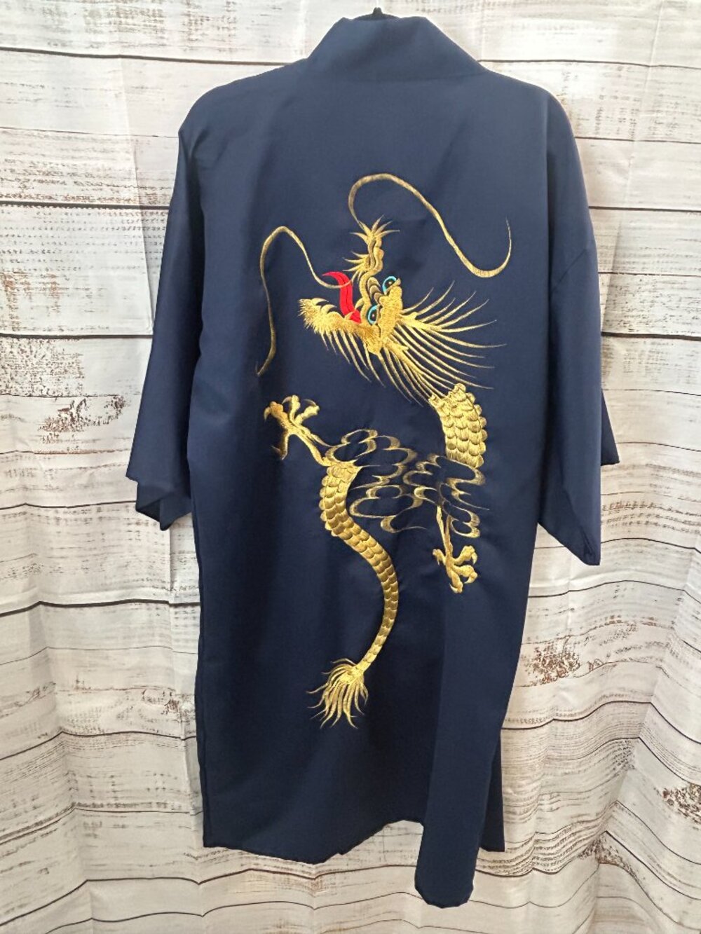 Vintage Japanese Kimono Embroidered Dragon Satin Robe Navy Blue